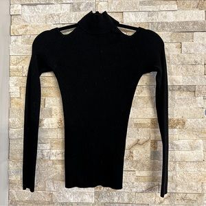 Cut Out Shoulder Mock Neck Ribbed Sweater